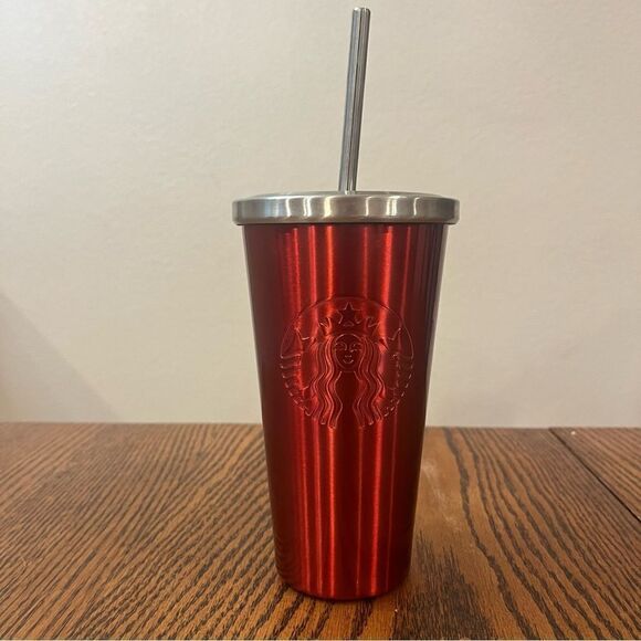 STARBUCKS Duo Rare Red 16 oz Tumbler MUG CUP WITH STAINLESS STEEL STRAW 2014 - Picture 1 of 9